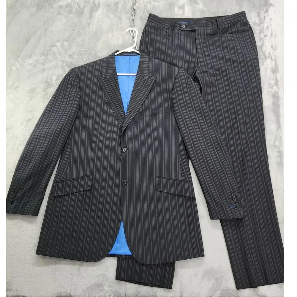 Vintage 90s‎ Point Zero Couture 2 Piece Suit Mens Size 44T/38T Black Pin Stripe